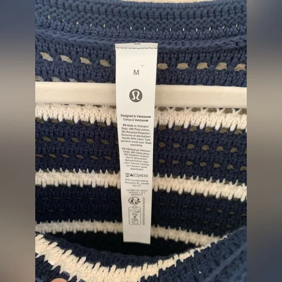 Lululemon cotton blend pointelle sweater. Like new. Navy and cream stripe. - Picture 5 of 6